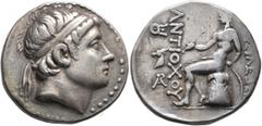 Greek SELEUKID KINGS OF SYRIA. Antiochos Hierax, circa 242-227 BC. Tetradrachm (Silver, 28 mm, 17.00 g, 1 h), Aigai in Aeolis. Diademed head of Antiochos II to right. Rev. BAΣIΛEΩΣ - ANTIOXOY Apollo s