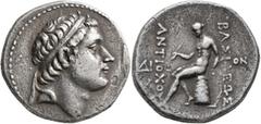Greek SELEUKID KINGS OF SYRIA. Antiochos III ‘the Great’, 222-187 BC. Tetradrachm (Silver, 28 mm, 16.72 g, 1 h), Soli. Diademed head of Antiochos III to right. Rev. BAΣIΛEΩΣ - ANTIOXOY Apollo seated l