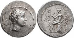 Greek SELEUKID KINGS OF SYRIA. Antiochos V Eupator, 164-162 BC. Tetradrachm (Silver, 31 mm, 16.70 g, 12 h), Ake-Ptolemais. Struck under Lysias, 165-164. Diademed head of Antiochos V to right; behind, 