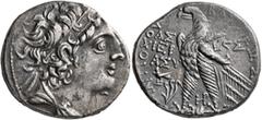Greek SELEUKID KINGS OF SYRIA. Antiochos VIII Epiphanes (Grypos), 121/0-97/6 BC. Tetradrachm (Silver, 27 mm, 13.67 g, 12 h), Ptolemaic standard. Askalon, SE 206 = 107/6. Diademed and draped bust of An