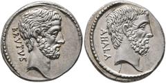 Roman Republican & Imperatorial M. Junius Brutus, 54 BC. Denarius (Silver, 19 mm, 3.88 g, 6 h), Rome. BRVTVS Bearded head of L. Junius Brutus to right. Rev. AHALA Bearded head of C. Servilius Ahala to