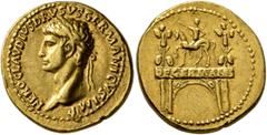 Roman Imperial Nero Claudius Drusus, died 9 BC. Aureus (Gold, 20 mm, 7.71 g, 2 h), Lugdunum, struck under Claudius, circa 41-45. NERO•CLAVDIVS•DRVSVS•GERMANICVS•IMP Head of Nero Claudius Drusus to lef