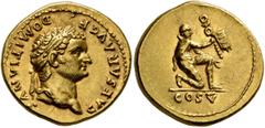 Roman Imperial Domitian, as Caesar, 69-81. Aureus (Gold, 19 mm, 7.38 g, 6 h), Rome, 77-78. CAESAR AVG F DOMITIANVS Laureate head of Domitian to right. Rev. COS V Captive kneeling to right, extending h