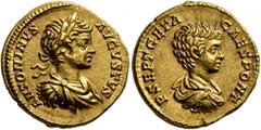 Roman Imperial Caracalla, with Geta as Caesar, 198-217. Aureus (Gold, 19 mm, 7.21 g, 6 h), Rome, 201. ANTONINVS AVGVSTVS Laureate, draped and cuirassed bust of Caracalla to right. Rev. P SEPT GETA CAE