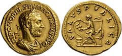 Roman Imperial Macrinus, 217-218. Aureus (Gold, 22 mm, 6.27 g, 7 h), Rome, summer 217-early 218. IMP C M OPEL SEV MACRINVS AVG Laureate, draped and cuirassed bust of Macrinus to right. Rev. SALVS PVBL