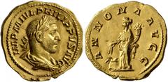 Roman Imperial Philip I, 244-249. Aureus (Gold, 20 mm, 4.83 g, 1 h), Rome, 245-246. IMP M IVL PHILIPPVS AVG Laureate, draped and cuirassed bust of Philip I to right, seen from behind. Rev. ANNONA AVGG