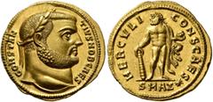 Roman Imperial Constantius I, as Caesar, 293-305. Aureus (Gold, 19 mm, 5.33 g, 6 h), Antiochia, 293. CONSTAN-TIVS NOB CAES Laureate head of Constantius I to right. Rev. HERCVLI CONS CAES / SMAΞ✱ Hercu
