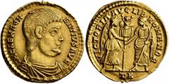 Roman Imperial Magnentius, 350-353. Solidus (Gold, 22 mm, 4.47 g, 6 h), Treveri, 350. IM CAE MAGN-ENTIVS AVG Bare-headed, draped and cuirassed bust of Magnentius to right. Rev. VICTORIA•AVG•LIB•ROMANO