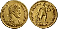 Roman Imperial Julian II, 360-363. Solidus (Gold, 21 mm, 4.47 g, 7 h), Sirmium. FL CL IVLIA-NVS P P AVG Pearl-diademed, draped and cuirassed bust of Julian II to right. Rev. VIRTVS EXERCI-TVS ROMANORV