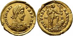 Roman Imperial Honorius, 393-423. Solidus (Gold, 21 mm, 4.45 g, 6 h), Mediolanum, 397-402. D N HONORI-VS P F AVG Pearl-diademed, draped and cuirassed bust of Honorius to right. Rev. VICTORI-A AVGGG / 