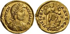 Roman Imperial Johannes, usurper, 423-425. Solidus (Gold, 21 mm, 4.49 g, 6 h), Ravenna. D N IOHAN-NES P F AVG Pearl-and-rosette-diademed, draped and cuirassed bust of Johannes to right. Rev. VICTORI-A
