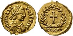 Roman Imperial Julius Nepos, 474-475/480. Tremissis (Gold, 13 mm, 1.45 g, 5 h), Mediolanum, 474-475. D N IVL NE-POS P F AV G Pearl-diademed, draped and cuirassed bust of Julius Nepos to right. Rev. Cr