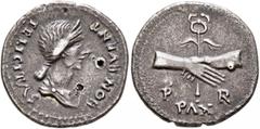 Civil War 68-69 AD Forces of Galba in Spain. Anonymous, 3 April-2nd half of June 68. Denarius (Subaeratus, 18 mm, 3.50 g, 6 h), uncertain mint in Spain. Group VII. BON EVENT FELICITAS Diademed and dra
