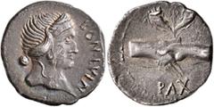 Civil War 68-69 AD Forces of Galba in Spain. Anonymous, 3 April-2nd half of June 68. Denarius (Silver, 18 mm, 3.35 g, 6 h), uncertain mint in Spain. Group VIII. BON•EVEN Diademed head of Bonus Eventus
