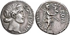 Civil War 68-69 AD Forces of Galba in Spain. Anonymous, 3 April-2nd half of June 68. Denarius (Silver, 17 mm, 3.64 g, 5 h), uncertain mint in Spain. Group X. BON EVENT Diademed head of Bonus Eventus t