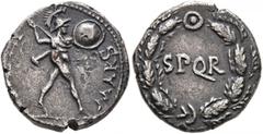 Civil War 68-69 AD Rhine Legions. Anonymous, circa May/June-December 68. Denarius (Silver, 17 mm, 3.00 g, 5 h), uncertain mint in Gaul or in the Rhine Valley. 'S P Q R Group'. MARS VLTOR Mars, nude bu