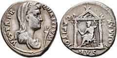Civil War 68-69 AD Forces of Vitellius in Gaul and in the Rhine Valley. Anonymous, 2 January-19 April 69. Denarius (Silver, 18 mm, 3.35 g, 4 h), Lugdunum. 'Jupiter-Vesta Group'. VESTA P R QVIRITIVM Ve
