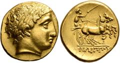 Celtic CENTRAL EUROPE. Helvetii (?). Late 4th to early 3rd century BC. Stater (Gold, 20 mm, 8.49 g, 11 h), 'type de Soy au canthare', imitating Philip II of Macedon. Laureate head of Apollo to right. 