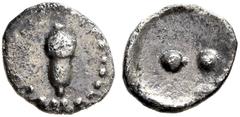 Greek SICILY. Abakainon (?). Circa 450-420 BC. Hexas - Dionkion (Silver, 5 mm, 0.07 g). Acorn. Rev. Two pellets (mark of value). Boehringer -. HGC -. SNG ANS -. Apparently unpublished and unique. Extr