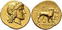 Greek IONIA. Miletos. Circa 130-120 BC. Stater (Gold, 20 mm, 8.51 g, 12 h), Attic standard, Eumechanos, magistrate. Laureate head of Apollo to right, with bow and quiver over his left shoulder. Rev. E