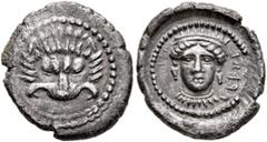 Greek LYCIA. Araxa. Circa 390-380 BC. Diobol or Sixth Stater (Silver, 14 mm, 1.30 g, 1 h). Facing lion's scalp. Rev. 𐊀𐊕𐊀𐊉𐊆 - 𐊛𐊁 ('Arathihe' in Lycian) Female head facing, wearing radiate crown,