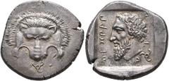 Greek DYNASTS OF LYCIA. Mithrapata, circa 390-370 BC. Stater (Silver, 25 mm, 9.87 g, 2 h), uncertain mint (Zagaba or Phellos?). Facing scalp of a lion; below, small triskeles. Rev. 𐊎𐊆𐊉𐊕𐊀𐊓-𐊀-𐊗-