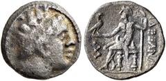 The Martin Huth Collection ARABIA, Eastern. Gerrha/Thaj (?). Seleukid portrait series with vertical Shin, circa 205/4-150 BCE. Obol (Silver, 11 mm, 0.89 g, 5 h), imitating Antiochos III (222-187 BCE) 