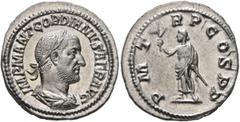 Roman Imperial Gordian I, 238. Denarius (Silver, 20 mm, 3.09 g, 12 h), Rome, March-April 238. IMP M ANT GORDIANVS AFR AVG Laureate, draped and cuirassed bust of Gordian I to right, seen from behind. R