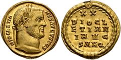 Roman Imperial Diocletian, 284-305. Aureus (Gold, 20 mm, 5.13 g, 12 h), Aquileia, 303. DIOCLETIA-NVS AVGVSTVS Laureate head of Diocletian to right. Rev. XX / DIOCL/ETIAN/I AVG / SMAQ within laurel wre