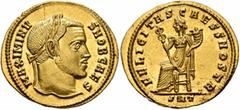 Roman Imperial Maximinus II, as Caesar, 305-309. Aureus (Gold, 21 mm, 5.29 g, 7 h), Ticinum, 305-306. MAXMINV-S NOB CAES Laureate head of Maximinus II to right. Rev. FELICITAS CAESS NOSTR / SMT Felici
