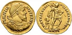 Roman Imperial Julian II, 360-363. Solidus (Gold, 22 mm, 4.44 g, 10 h), Antiochia, 361-363. FL CL IVLIA-NVS P F AVG Pearl-diademed, draped and cuirassed bust of Julian II with long beard to right. Rev