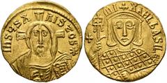 Byzantine Michael III "the Drunkard", 842-867. Solidus (Gold, 19 mm, 4.51 g, 6 h), Constantinopolis, 856-867. IҺSЧS XRISTOS✱ Half-length bust of Christ Pantokrator facing with cross behind, raising hi