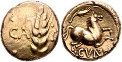 Celtic BRITAIN. Trinovantes & Catuvellauni. Cunobelin, circa 10-43. Stater (Gold, 17 mm, 5.45 g, 11 h), Camulodunum (Colchester). CA-M[V] Grain ear. Rev. CVNO Horse leaping right; above, branch. ABC 2