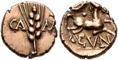 Celtic BRITAIN. Trinovantes & Catuvellauni. Cunobelin, circa 10-43. 1/4 Stater (Gold, 11 mm, 1.34 g, 7 h), Camulodunum (Colchester). CA-M[V] Grain ear. Rev. CVN Horse leaping right; above, branch. ABC