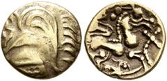 Celtic NORTHWEST GAUL. Aulerci Eburovices. 2nd to early 1st century BC. 1/4 Stater (Gold, 12 mm, 1.25 g, 12 h), 'au loup à flan court' type. Celticized male head to left. Rev. Devolved charioteer driv