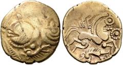 Celtic NORTHWEST GAUL. Aulerci Eburovices. 2nd to early 1st century BC. Half Stater (Gold, 19 mm, 3.00 g, 12 h), 'au sanglier' type. Celticized male head to left, with a boar standing left at his neck