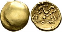 Celtic NORTHEAST GAUL. Ambiani. Circa 60-30 BC. Stater (Gold, 18 mm, 6.00 g), 'statére uniface' type. Irregular blank convex surface. Rev. Celticized horse galloping to right, horseman transformed int