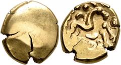 Celtic NORTHEAST GAUL. Ambiani. Circa 60-30 BC. Stater (Gold, 17 mm, 5.78 g), 'statére uniface' type. Irregular blank convex surface. Rev. Celticized horse galloping to right, horseman transformed int