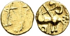 Celtic NORTHEAST GAUL. Nervii. 2nd century BC. Quarter Stater (Gold, 13 mm, 2.00 g), 'à la lyre' type. Several diagonal lines at various angles. Rev. Devolved charioteer driving biga to left; below ho