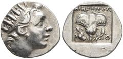 Greek ISLANDS OFF CARIA, Rhodos. Rhodes. Circa 88-84 BC. Drachm (Silver, 14 mm, 1.86 g, 12 h), 'Plinthophoric' coinage, Nikephoros, magistrate. Radiate head of Helios to right. Rev. ΝΙΚΗΦΟΡΟΣ / P - O 