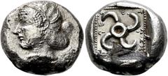 Greek DYNASTS OF LYCIA. Teththiweibi, circa 450-430/20 BC. Stater (Silver, 20 mm, 9.56 g), Phellos. Head of Apthrodite to left, her hair bound up in the back. Rev. 𐊗𐊁𐊉𐊉-𐊆-𐊇𐊁𐊆-𐊂-𐊆 Tetraskeles