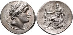 Greek SELEUKID KINGS OF SYRIA. Antiochos II Theos, 261-246 BC. Tetradrachm (Silver, 31 mm, 16.33 g, 12 h), Kyme. Diademed head of Antiochos II to right. Rev. BAΣIΛEΩΣ - ANTIOXOY Herakles seated left o