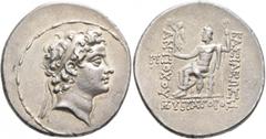 Greek SELEUKID KINGS OF SYRIA. Antiochos V Eupator, 164-162 BC. Tetradrachm (Silver, 32 mm, 16.75 g, 12 h), Antiochia on the Orontes. Diademed head of Antiochos V to right. Rev. BAΣIΛEΩΣ - ANTIOΧOY - 