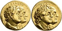 Greek PTOLEMAIC KINGS OF EGYPT. Ptolemy II Philadelphos, with Arsinöe II, Ptolemy I, and Berenike I, 285-246 BC. Mnaieion or Oktadrachm (Gold, 25 mm, 27.71 g, 12 h), Alexandria, circa 272-261/0. AΔEΛΦ