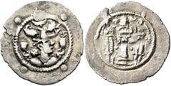 Central Asian HUNNIC TRIBES, Hephthalites. Drachm (Silver, 30 mm, 3.46 g, 3 h), imitating a drachm of the Sasanian King Peroz I (457/9-484) from Balkh, 6th century. Draped bust of Peroz I to right, we