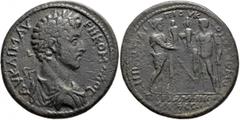 Roman Provincial MYSIA. Pergamum. Commodus, 177-192. Medallion (Orichalcum, 44 mm, 40.33 g, 6 h), Homonoia with Ephesos. P. Ai. Pios, strategos, circa 180-182. ΑY ΚΑΙ Μ ΑYΡΗ ΚΟΜΟΔΟC Laureate, draped a