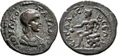 Roman Provincial PISIDIA. Sagalassus. Julia Paula, Augusta, 219-220. Assarion (Bronze, 21 mm, 4.30 g, 4 h). ΙΟΥΛ ΚΟΡ ΠΑΥΛΑ ϹЄΒ Draped bust of Julia Paula to right. Rev. ϹΑΓΑΛΑϹϹЄΩΝ Hermes seated left 