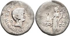 Roman Republican & Imperatorial Mark Antony, 44-30 BC. Denarius (Silver, 18 mm, 3.54 g, 12 h), mint moving with Marcus Antonius, 41 BC. [M•ANTONIVS]•IMP•III•VIR•R•P•C Bare head of Mark Antony to right