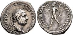 Roman Imperial Vitellius, 69. Denarius (Silver, 19 mm, 3.19 g, 6 h), uncertain mint in Spain (Tarraco?), January-July 69. A VITELLIVS IMP GERMAN Laureate head of Vitellius to right, with globe at poin