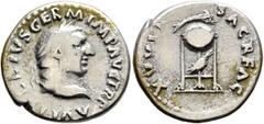 Roman Imperial Vitellius, 69. Denarius (Silver, 19 mm, 3.24 g, 6 h), Rome, late April-20 December 69. A VITELLIVS GERM IMP AVG TR P Laureate head of Vitellius to right. Rev. XV VIR SACR FAC Tripod wit